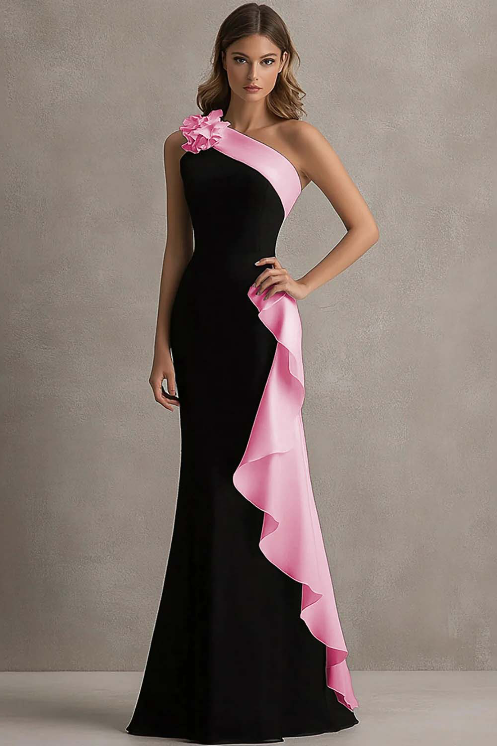 Elegant Black and Pink One Shoulder Side Cape Long Formal Dress with Ruffles