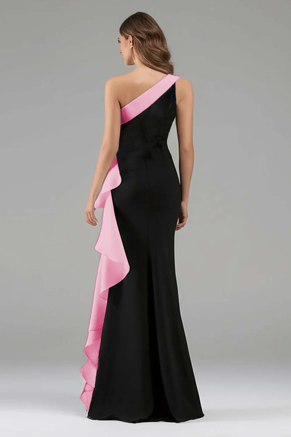 Elegant Black and Pink One Shoulder Side Cape Long Formal Dress with Ruffles