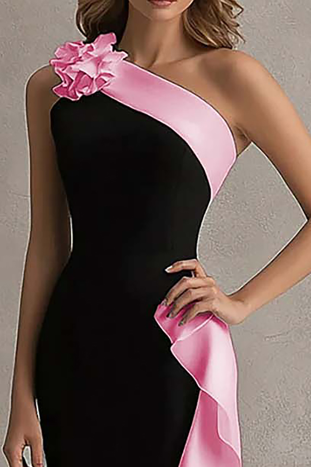 Elegant Black and Pink One Shoulder Side Cape Long Formal Dress with Ruffles