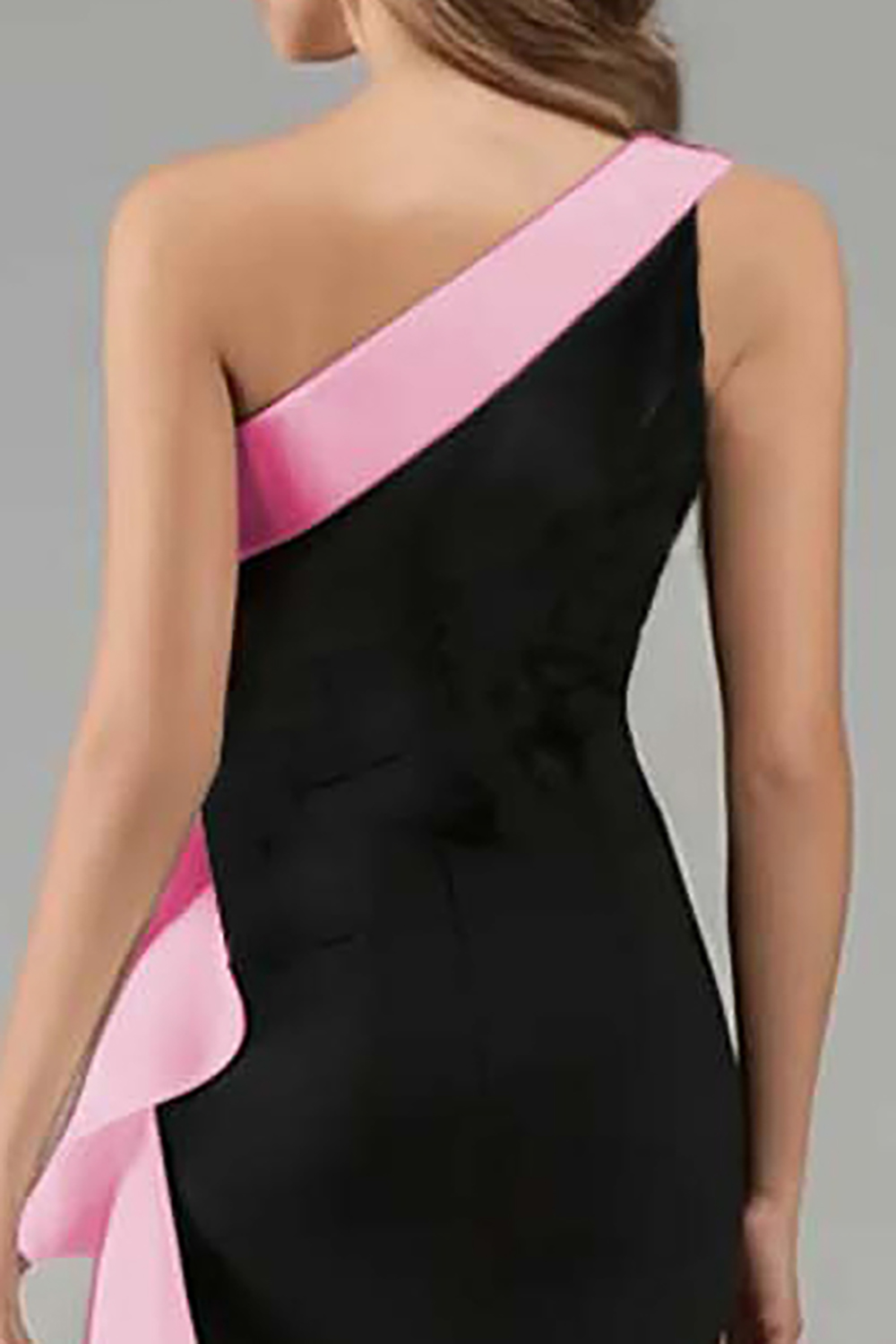 Elegant Black and Pink One Shoulder Side Cape Long Formal Dress with Ruffles
