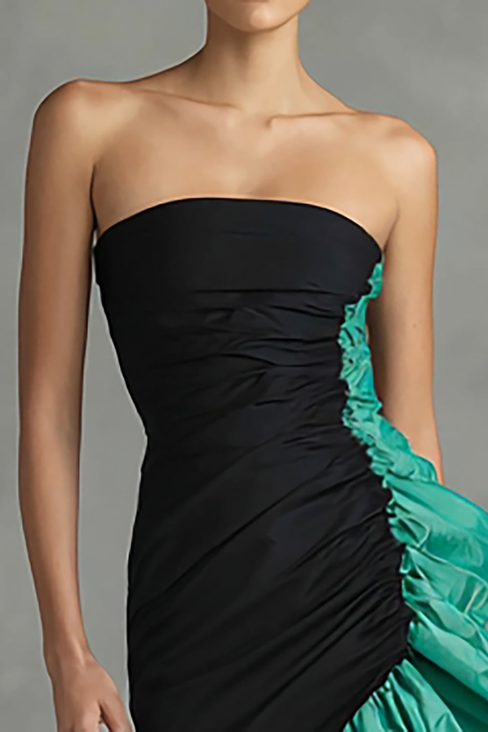 Black and Green Mermaid Strapless Long Satin Formal Dress with Ruffles