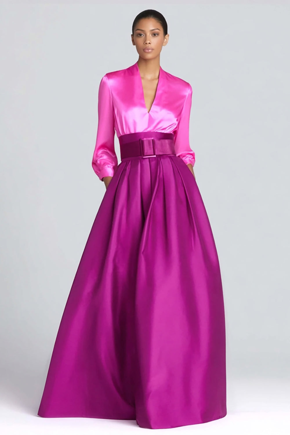 Fuchsia and Mangenta Satin V-Neck A-Line Long Sleeves Formal Dress
