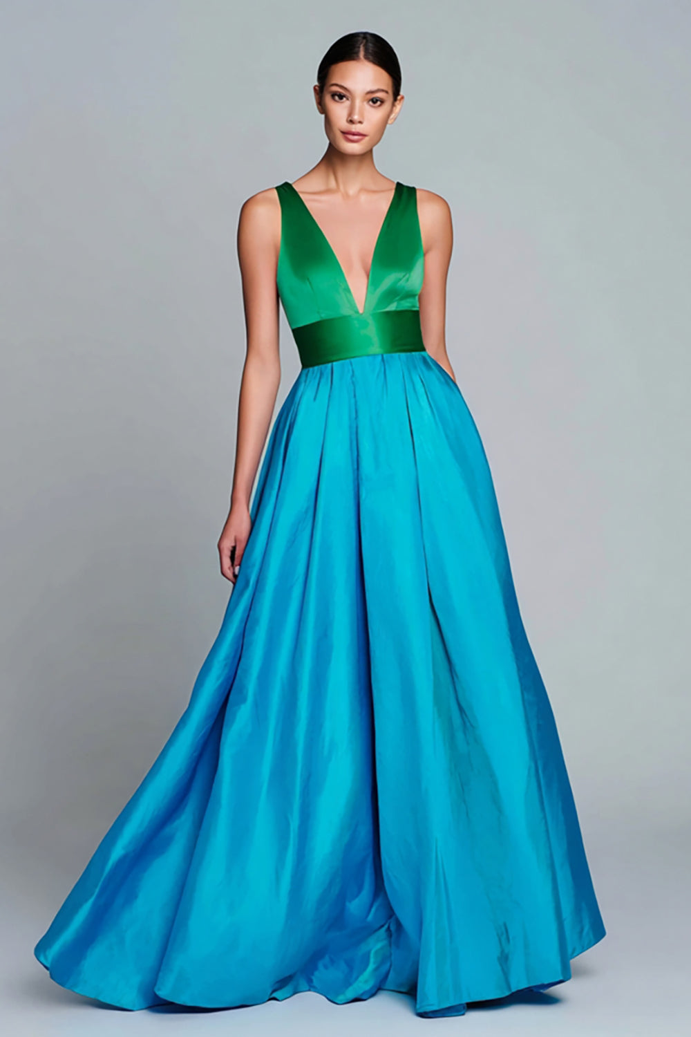 Green and Blue Satin A-Line V-Neck Long Pageant Dress