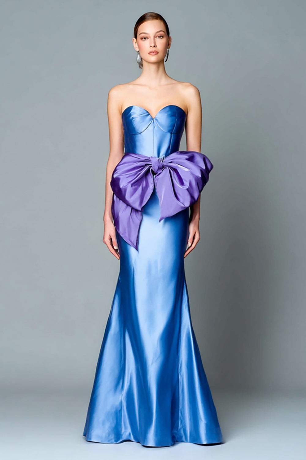 Blue and Tahiti Satin Strapless Long Mermaid Formal Dress with Bow