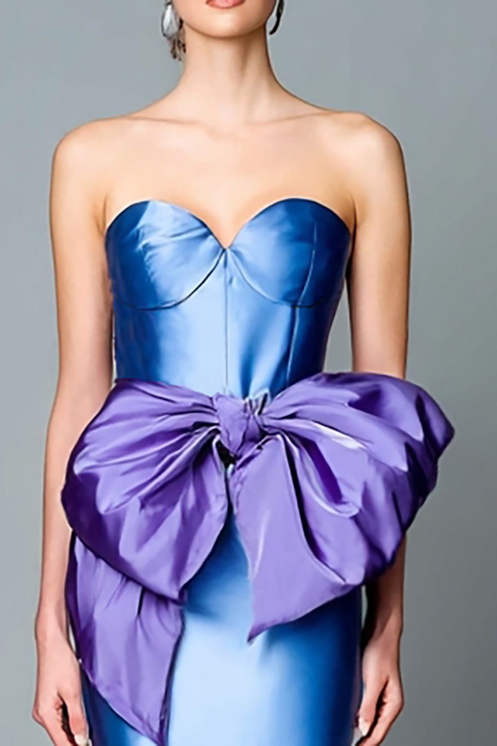 Blue and Tahiti Satin Strapless Long Mermaid Formal Dress with Bow