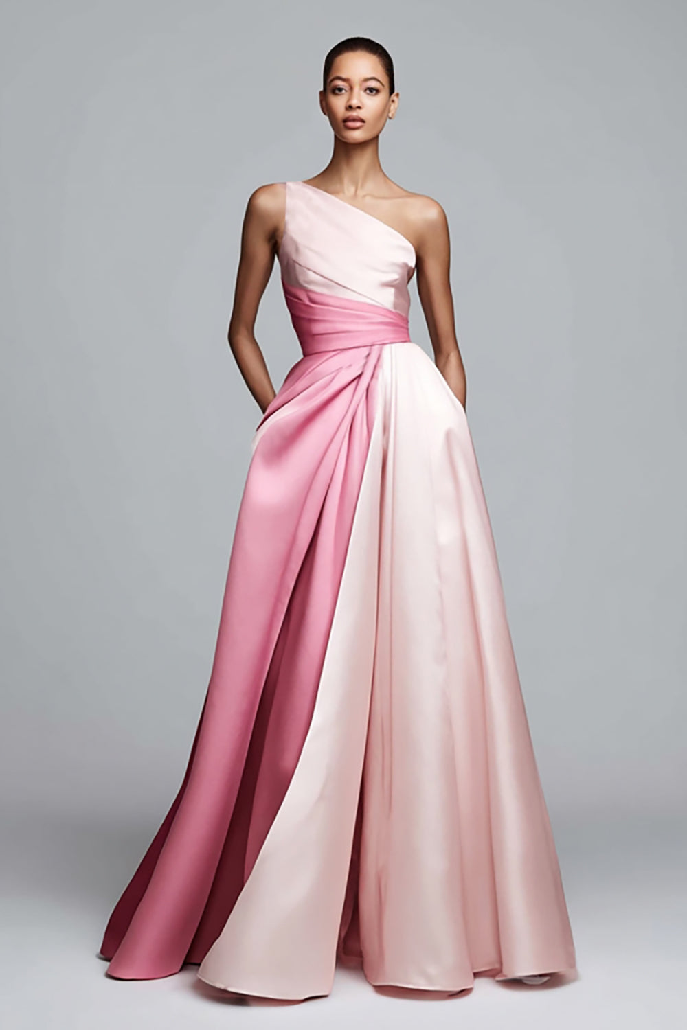 Pink Satin One Shoulder A Line Patchwork Long Prom Dress