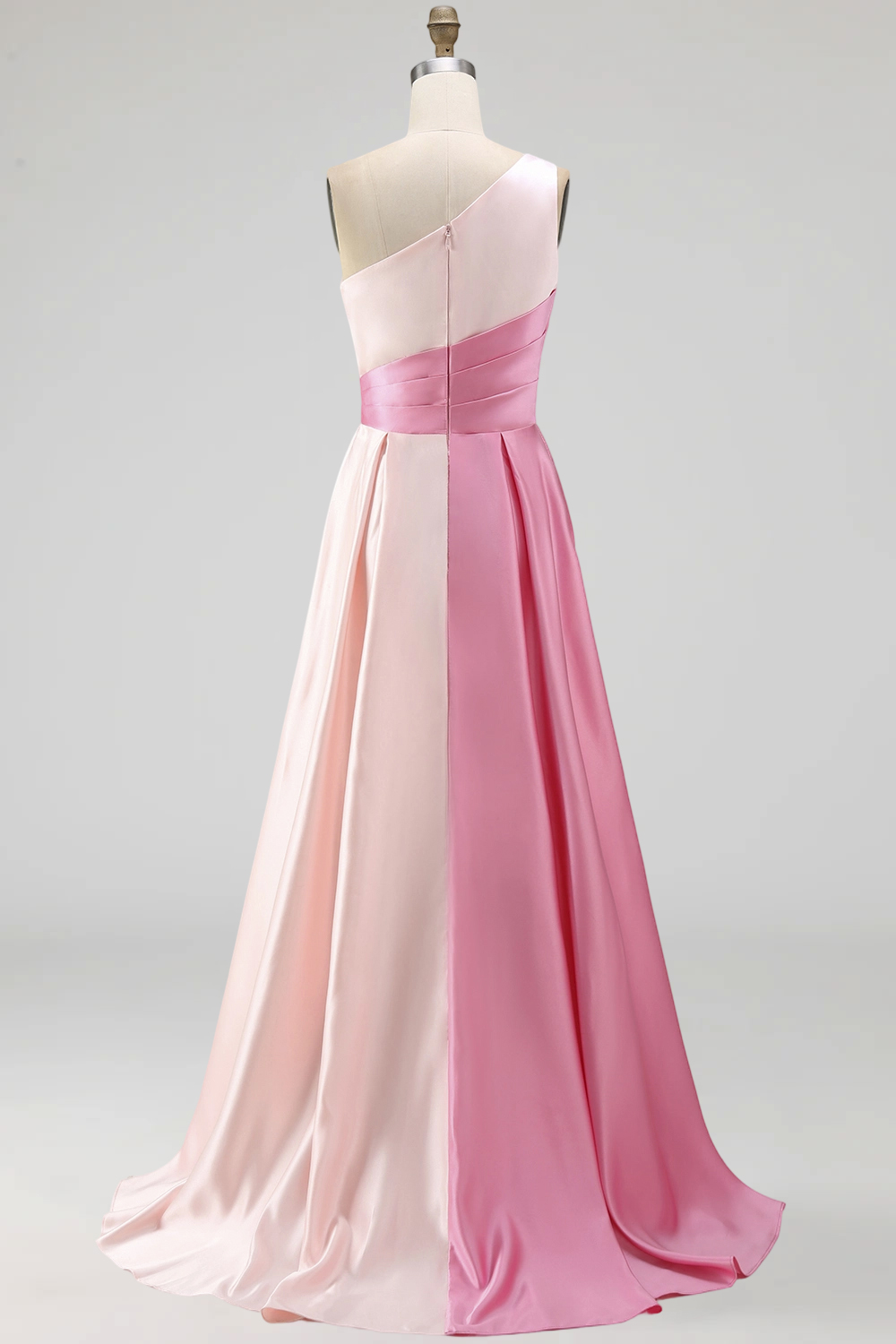 Pink Satin One Shoulder A Line Patchwork Long Prom Dress