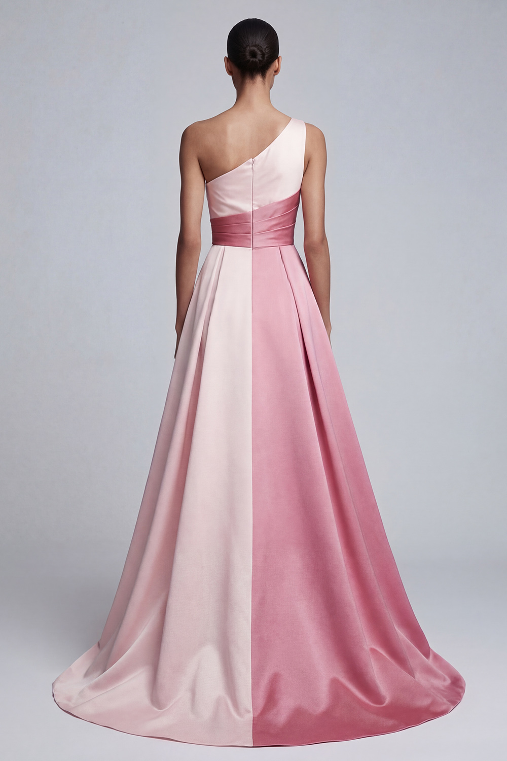 Pink Satin One Shoulder A Line Patchwork Long Prom Dress