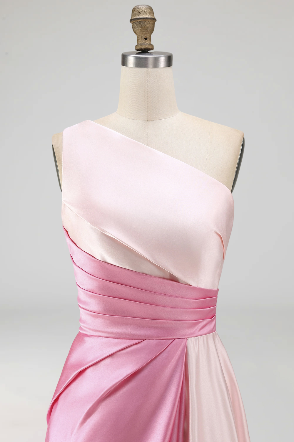 Pink Satin One Shoulder A Line Patchwork Long Prom Dress