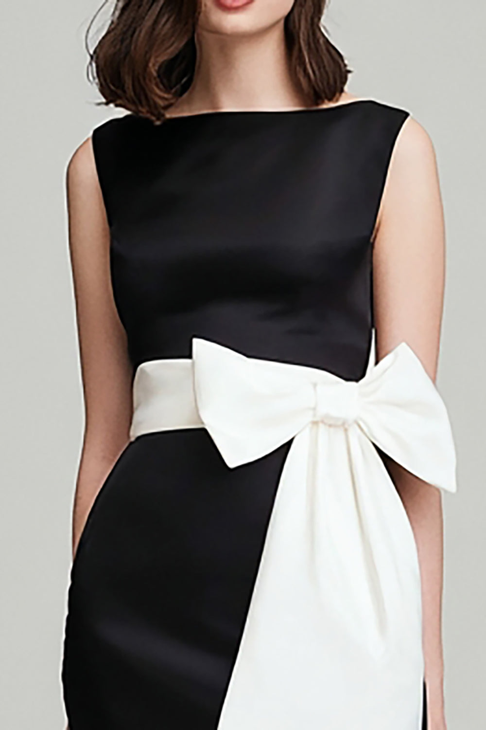 Elegant Black and White Mermaid Boat Neck Long Formal Dress with Bow