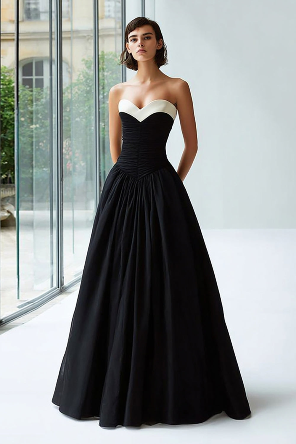 Elegant Black and White Satin A Line Sweetheart Long Formal Dress