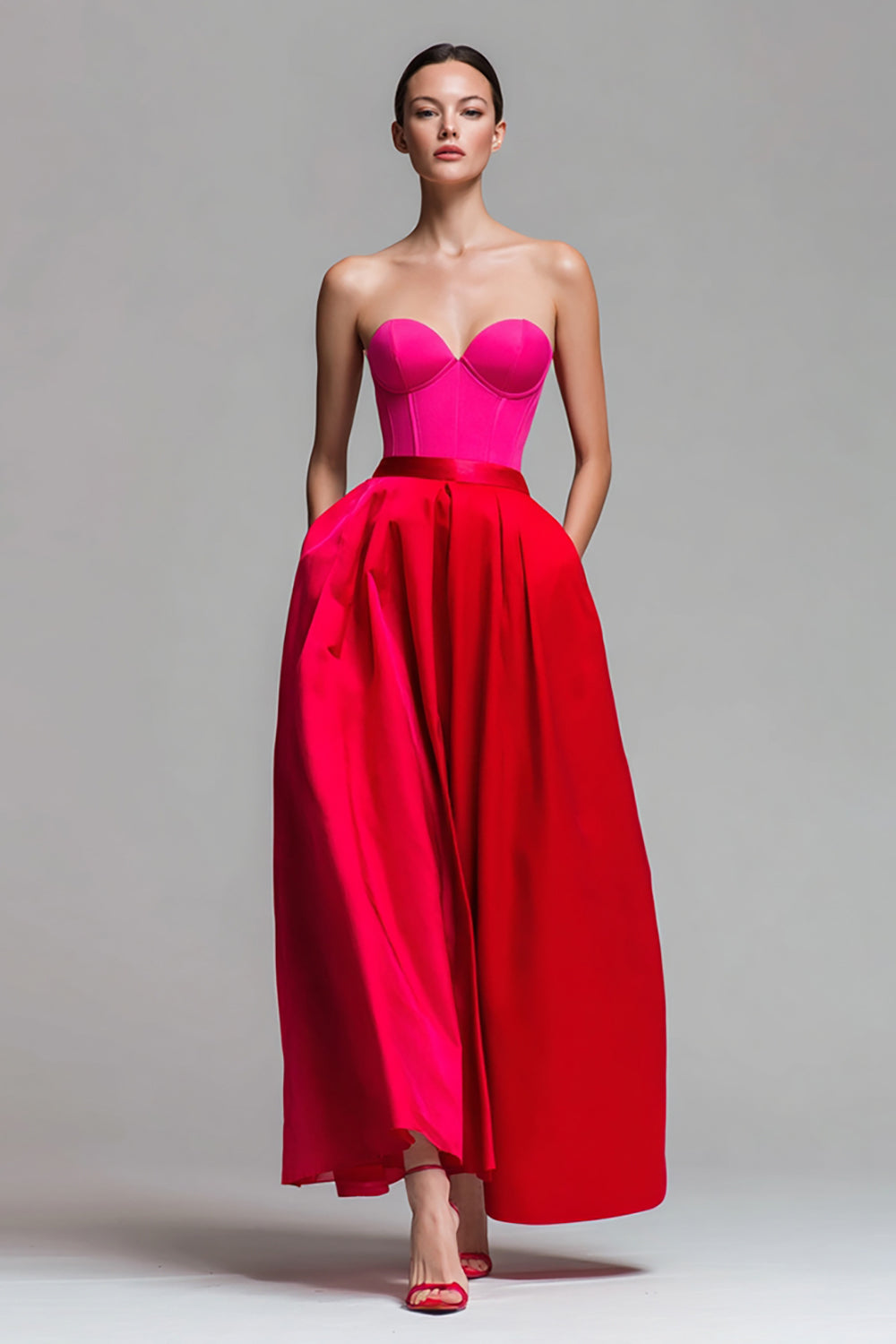 Red and Fuchsia A Line Satin Strapless Long Pageant Dress