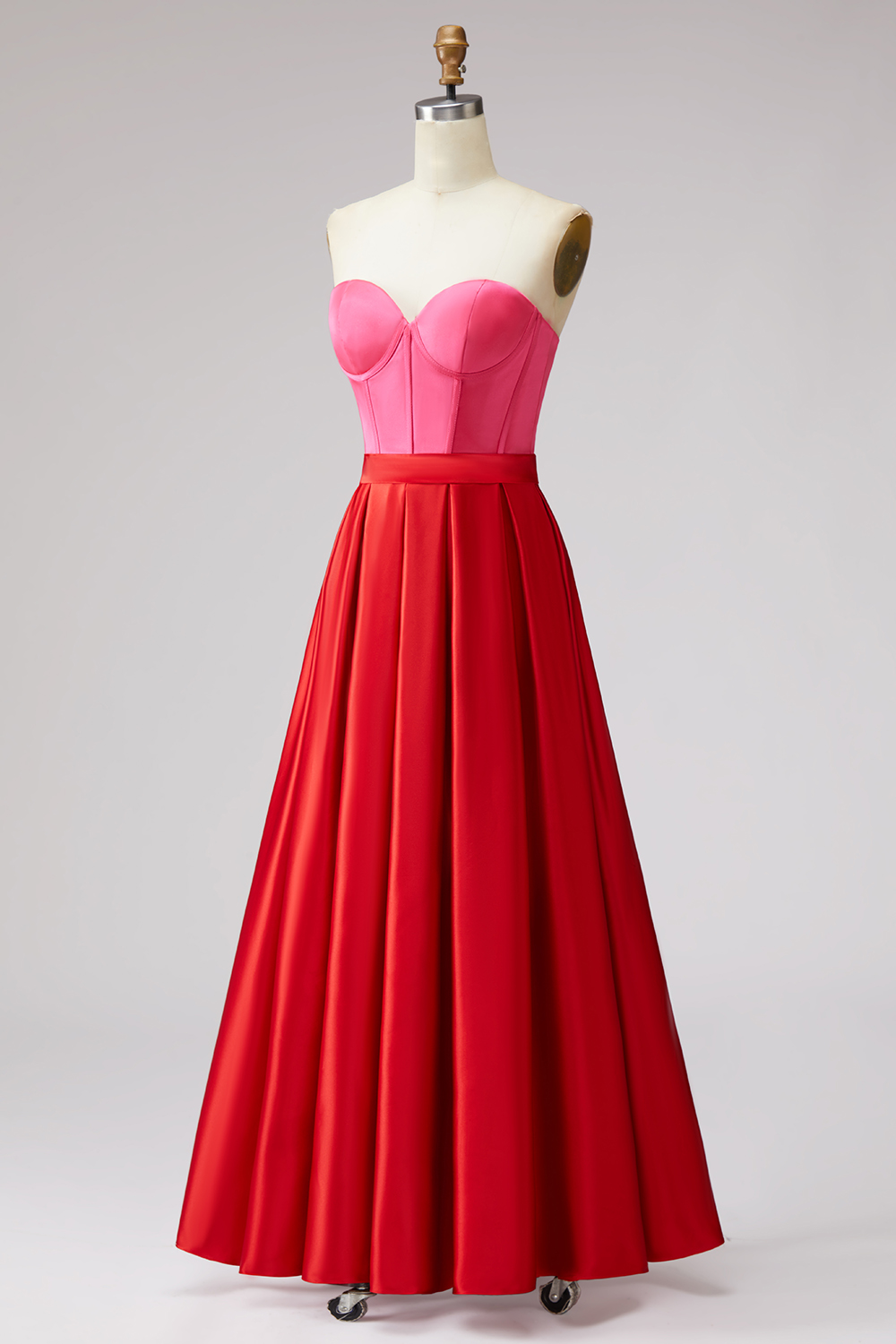 Red and Fuchsia A Line Satin Strapless Long Pageant Dress