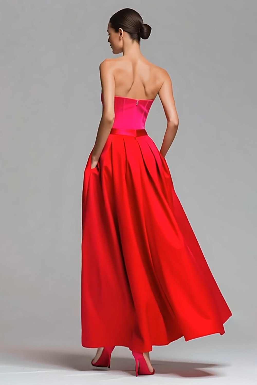 Red and Fuchsia A Line Satin Strapless Long Pageant Dress