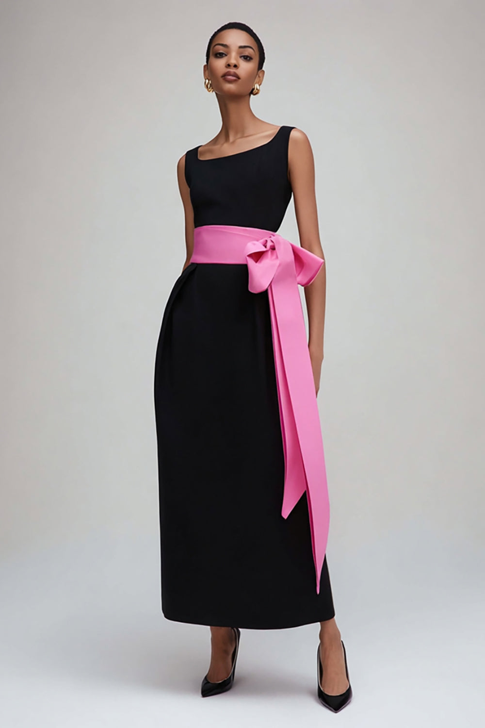 Black and Pink Sheath Scoop Neck Long Formal Dress with Sash