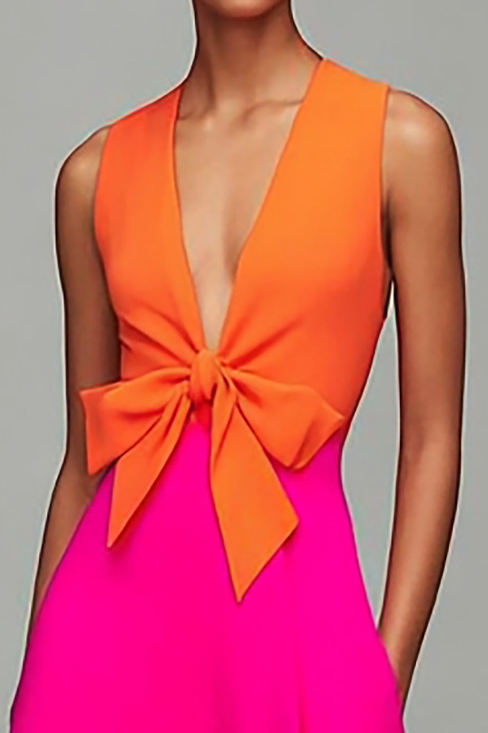 Orange and Fuchsia Deep V-Neck Long Pageant Dress with Bow