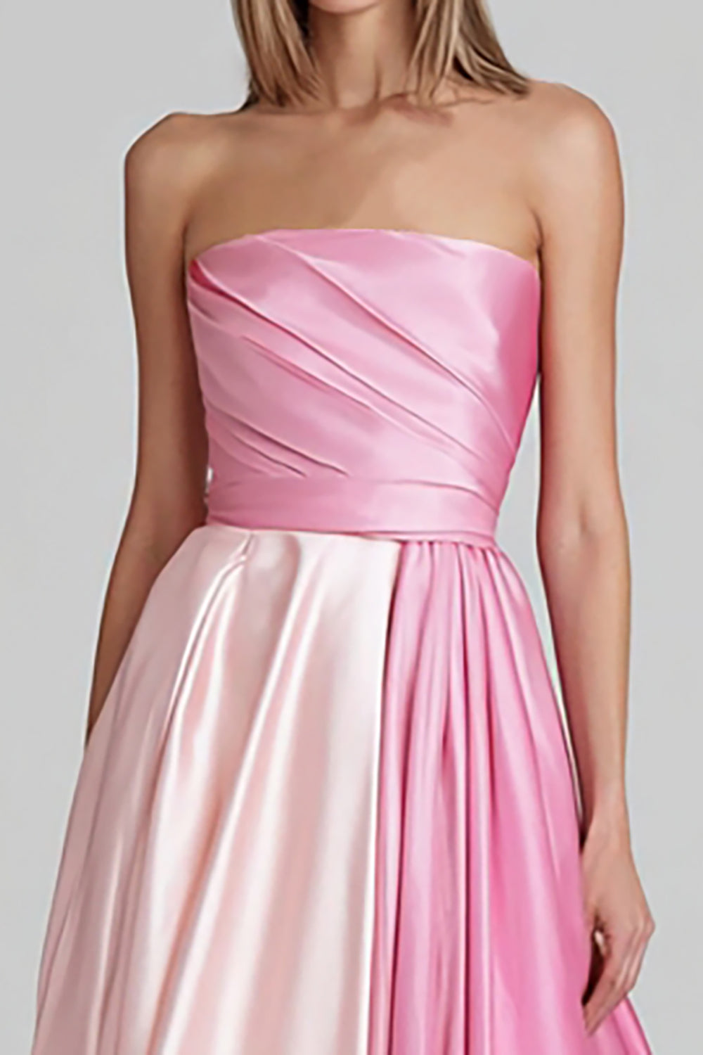 Pink A-Line Satin Strapless Patchwork Long Formal Dress