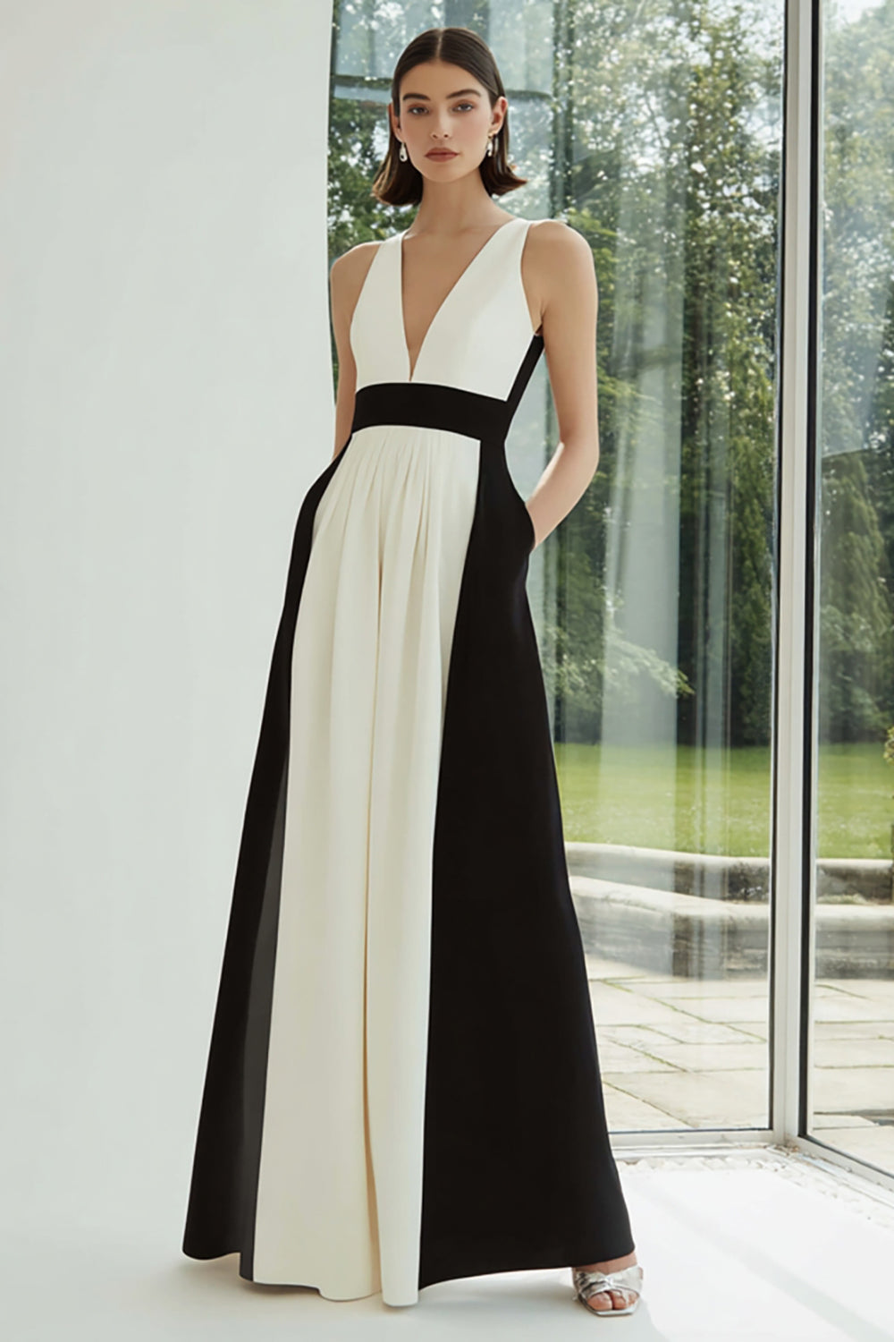 Black and White Patchwork A-Line Long Formal Dress with Pockets