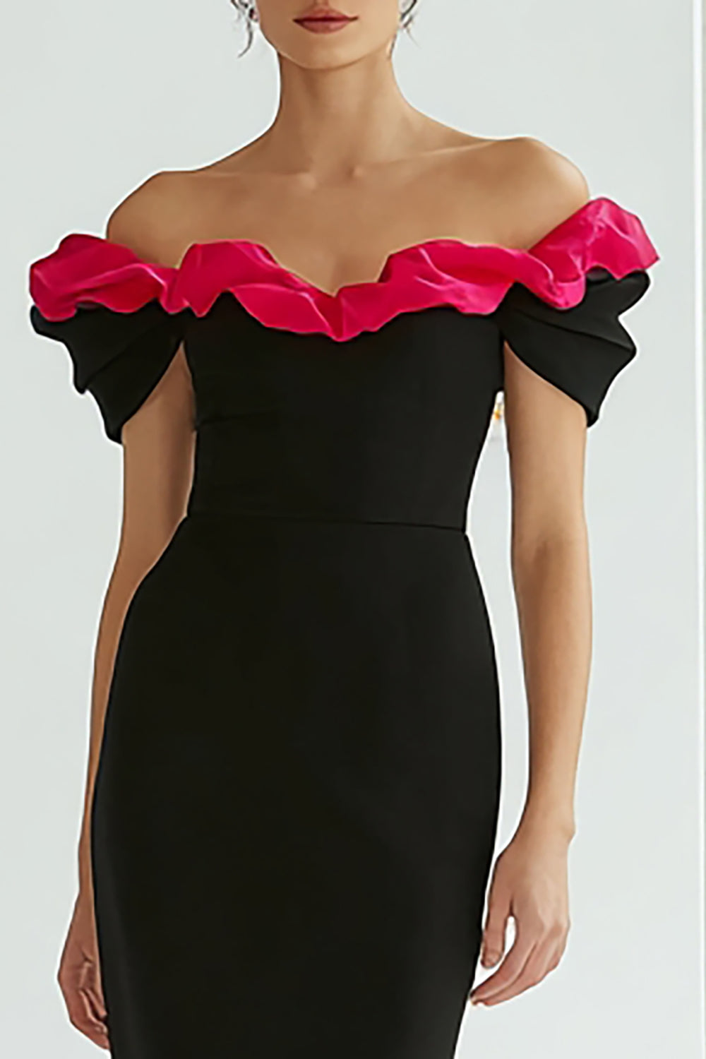 Black and Fuchsia Mermaid Off the Shoulder Long Formal Dress with Ruffles