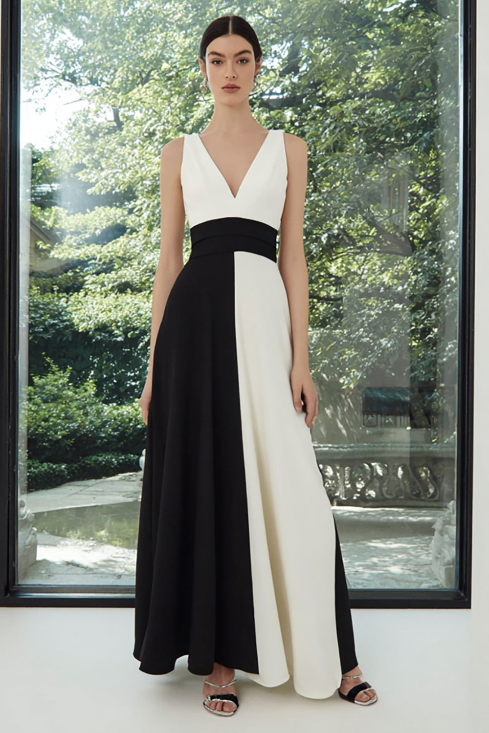 Black and White A Line V-Neck Long Patchwork Formal Dress