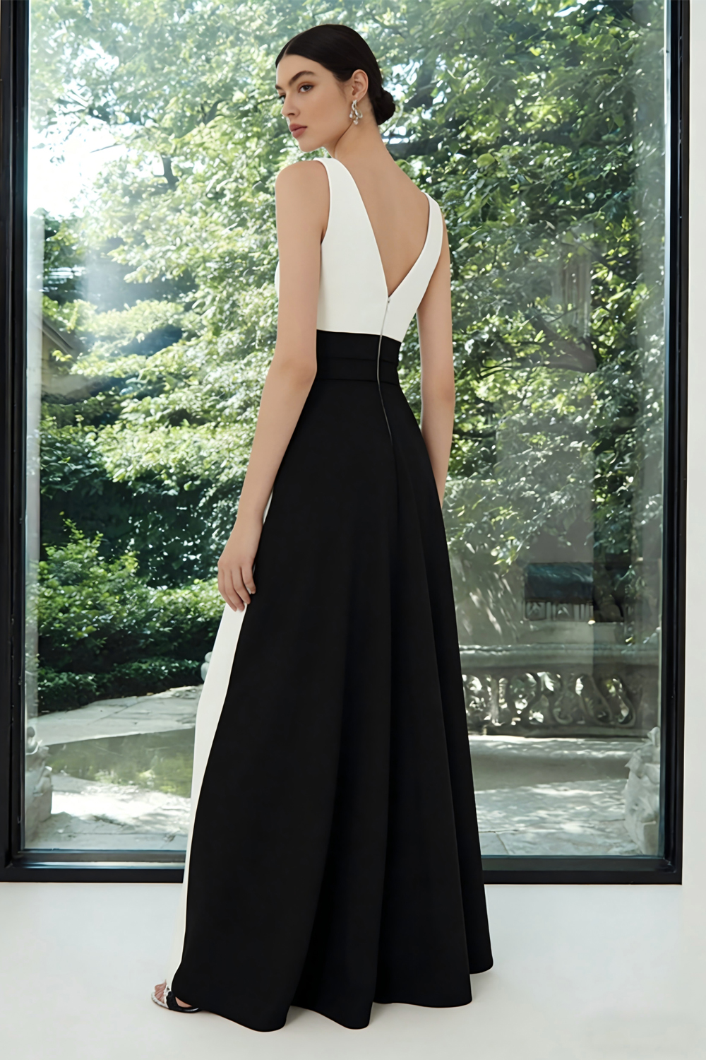 Black and White A Line V-Neck Long Patchwork Formal Dress