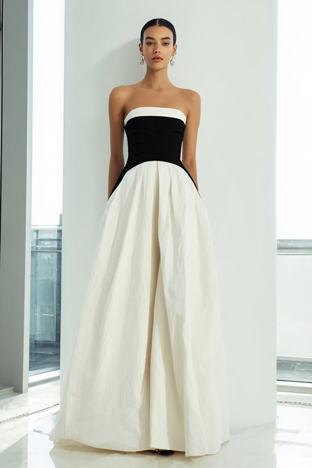 Simple Black and White A Line Straight Long Formal Dress