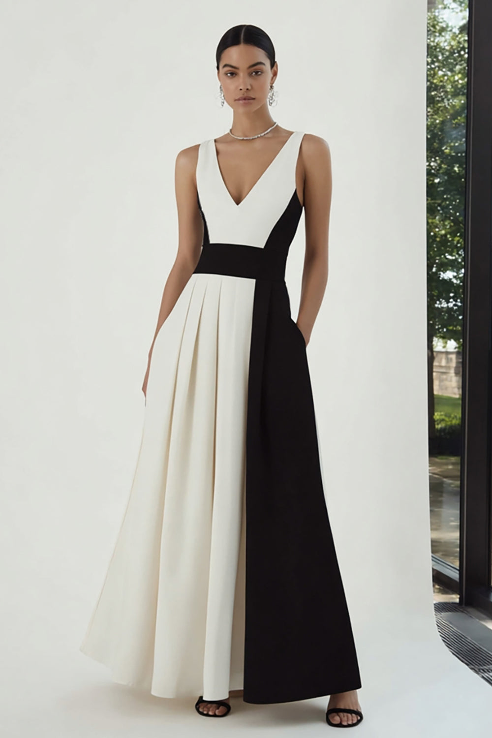 Black and White A Line V-Neck Long Patchwork Formal Dress with Pockets