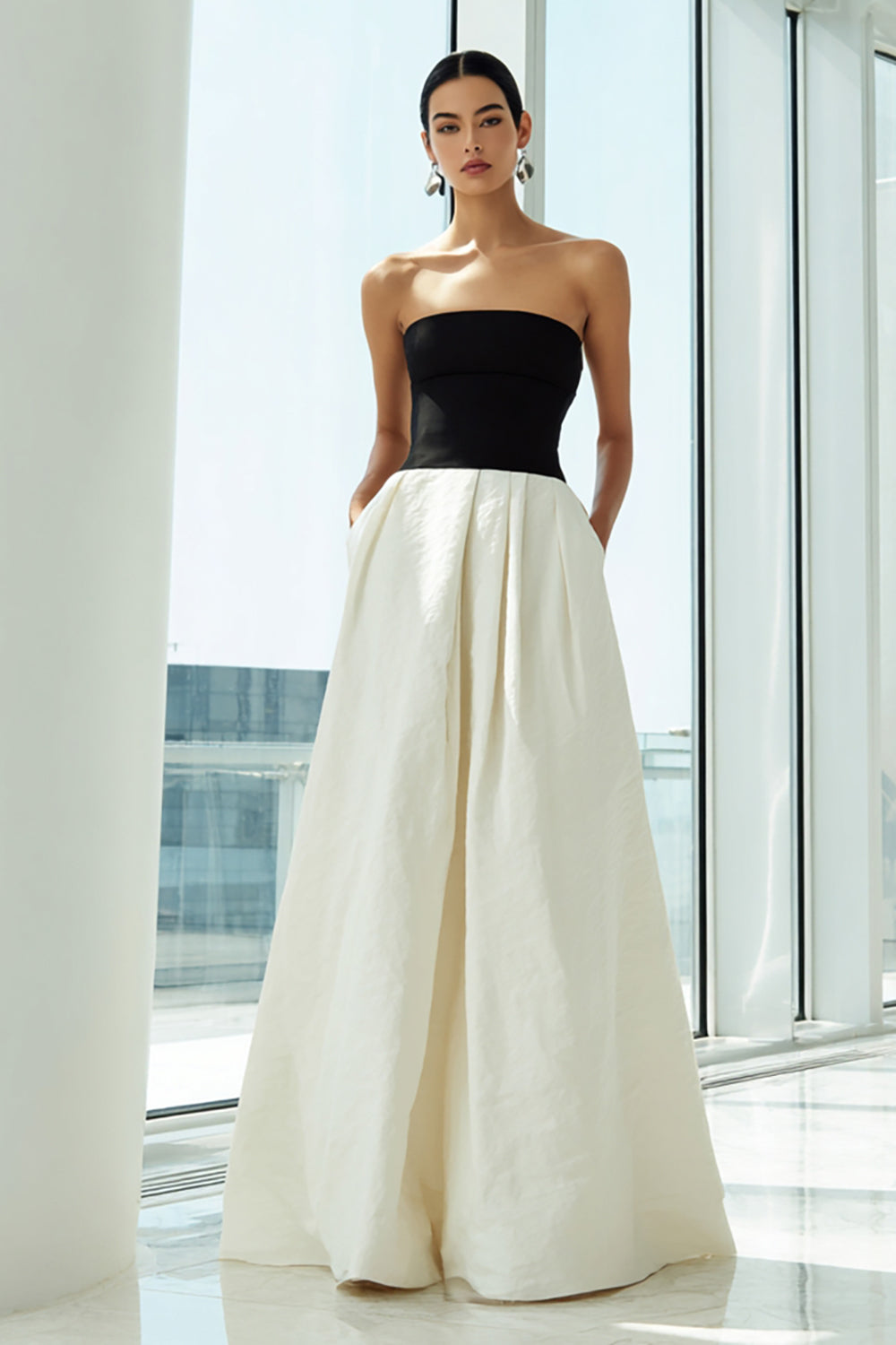 Simple Black and White A Line Straight Long Formal Dress with Pockets
