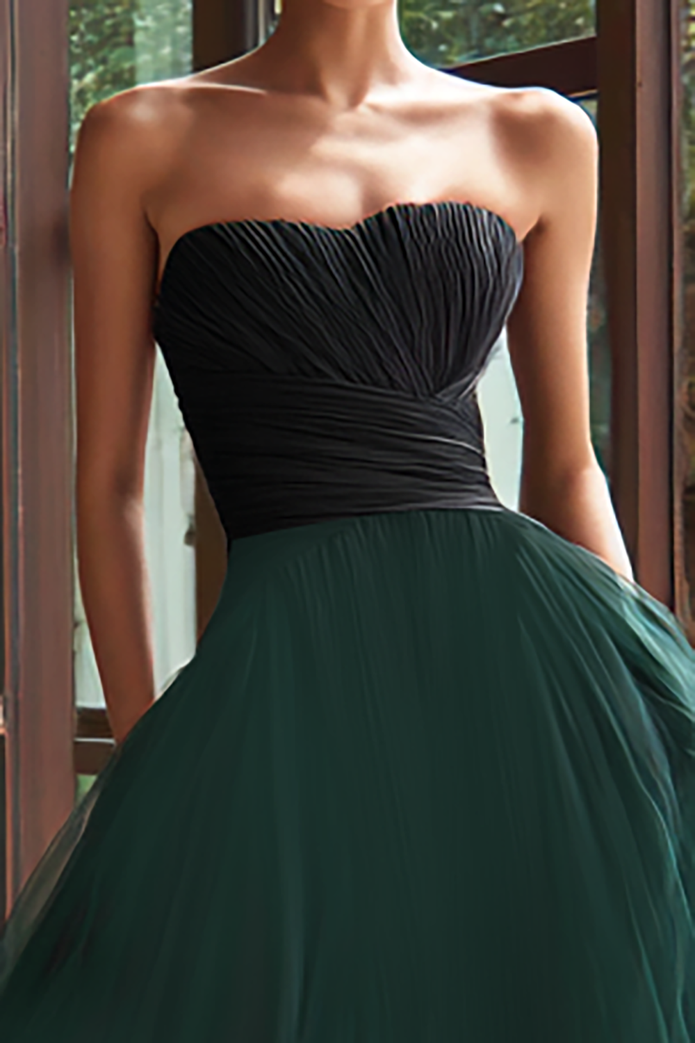 Black and Green Tulle A Line Long Strapless Formal Dress