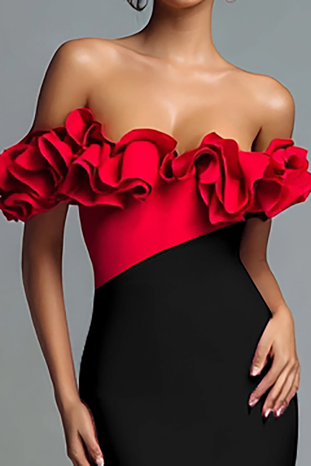 Black and Red Mermaid Off the Shoulder Ruffled Long Evening Dress with Slit