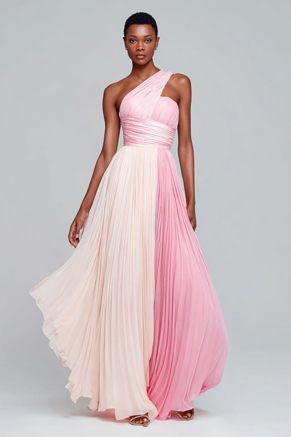 Pink One Shoulder A-Line Long Chiffon Formal Dress with Pleats