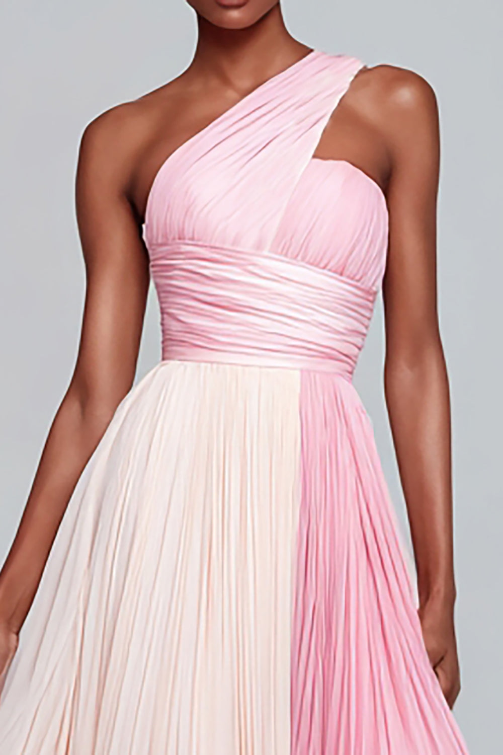 Pink One Shoulder A-Line Long Chiffon Formal Dress with Pleats