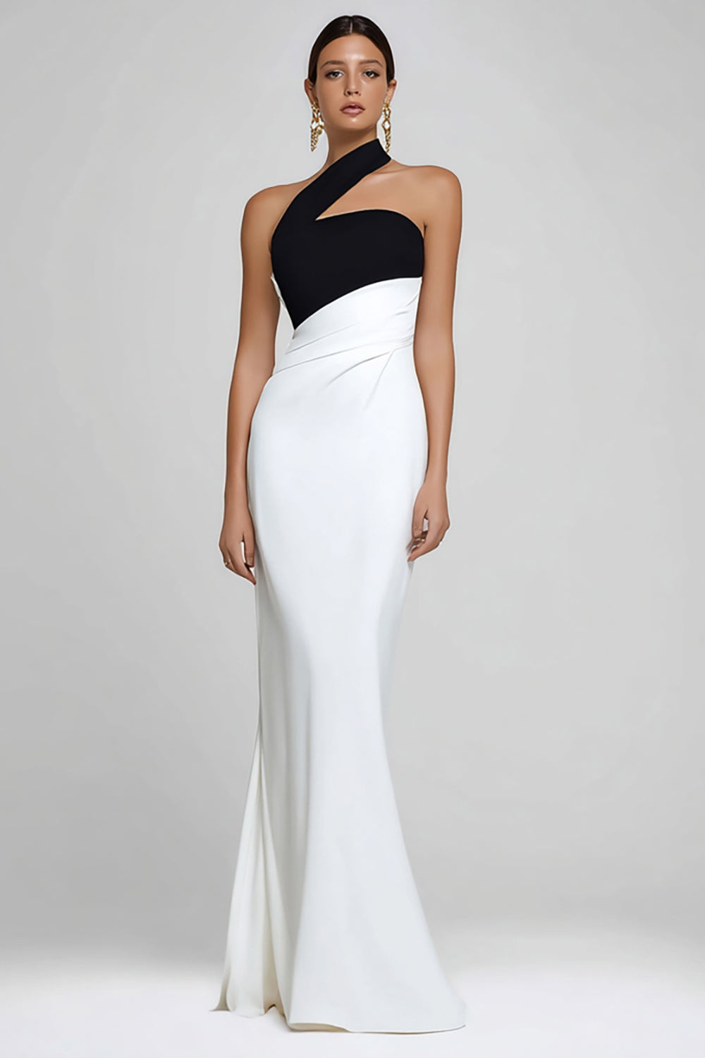 Elegant Black and White Mermaid One Shoulder Long Formal Dress