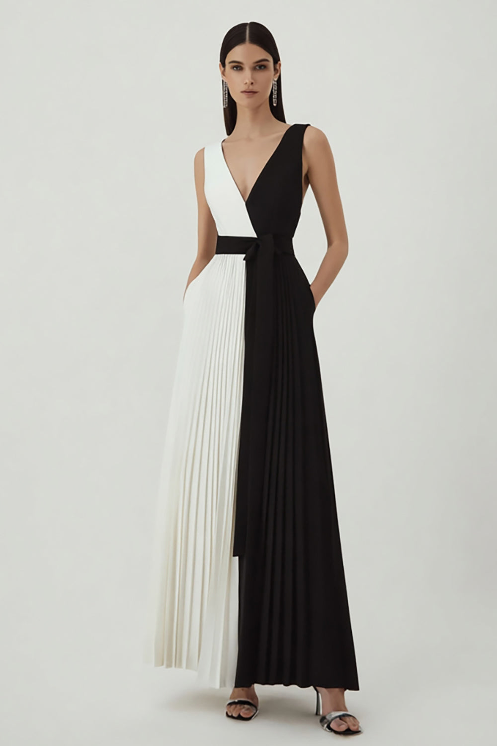 Black and White V-Neck A-Line Pleated Long Formal Dress