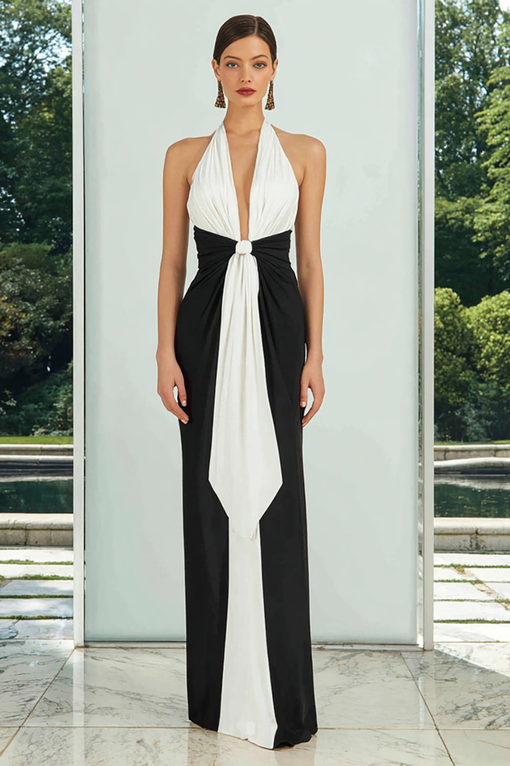 Black and White Deep V-Neck Ruched Long Sheath Formal Dress