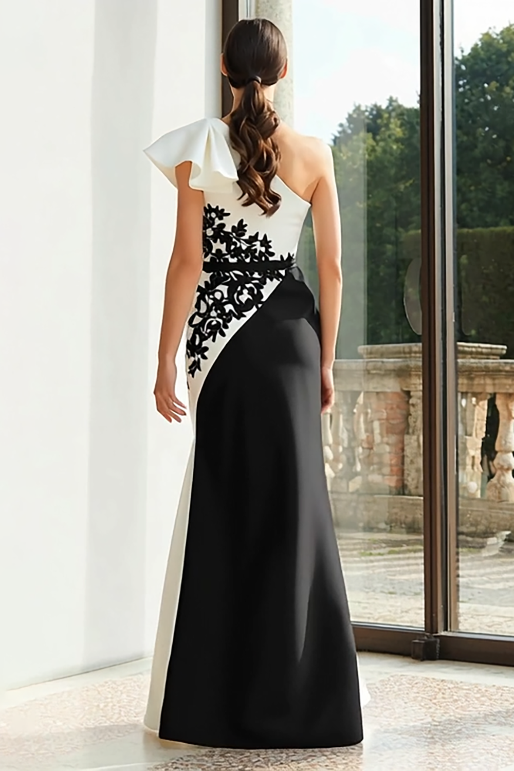 Black and White Patchwork Long Mermaid Formal Dress with Appliques