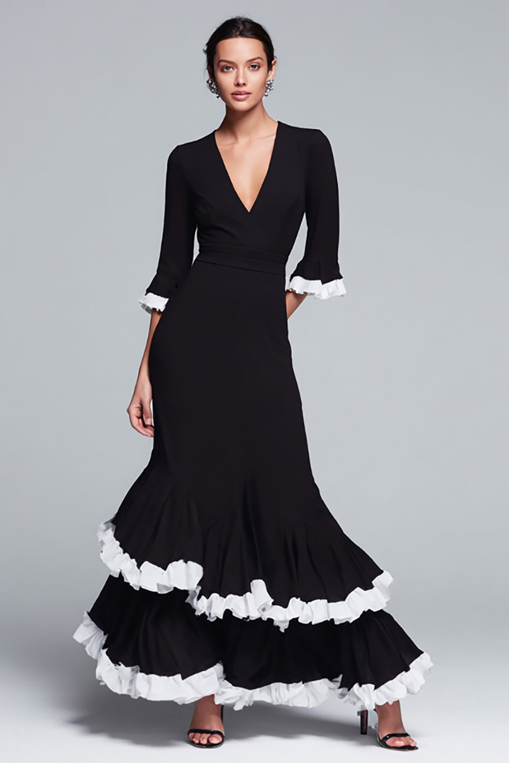 Modest Black and White V-Neck Tiered Long Sleeves Formal Dress with Ruffles