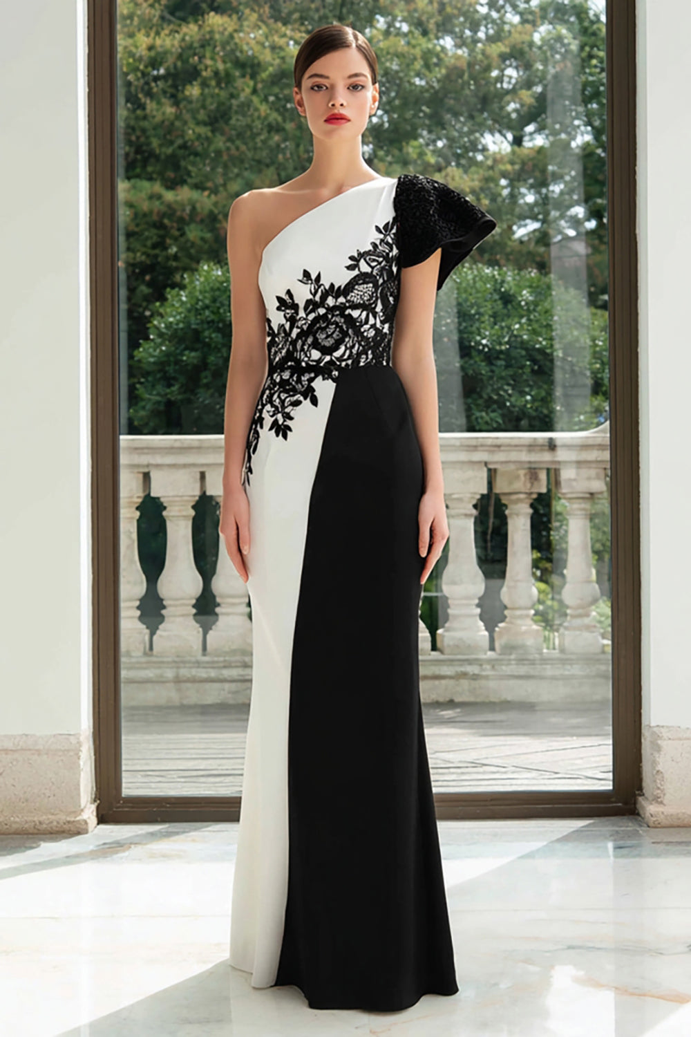 Black and White Sheath One Shoulder Long Formal Dress with Appliques