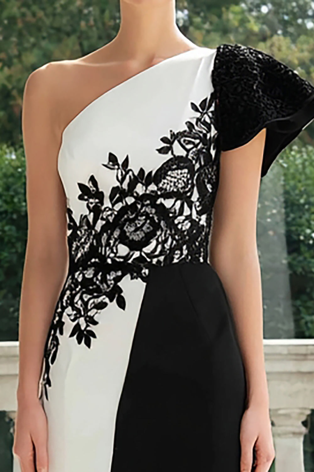 Black and White Sheath One Shoulder Long Formal Dress with Appliques