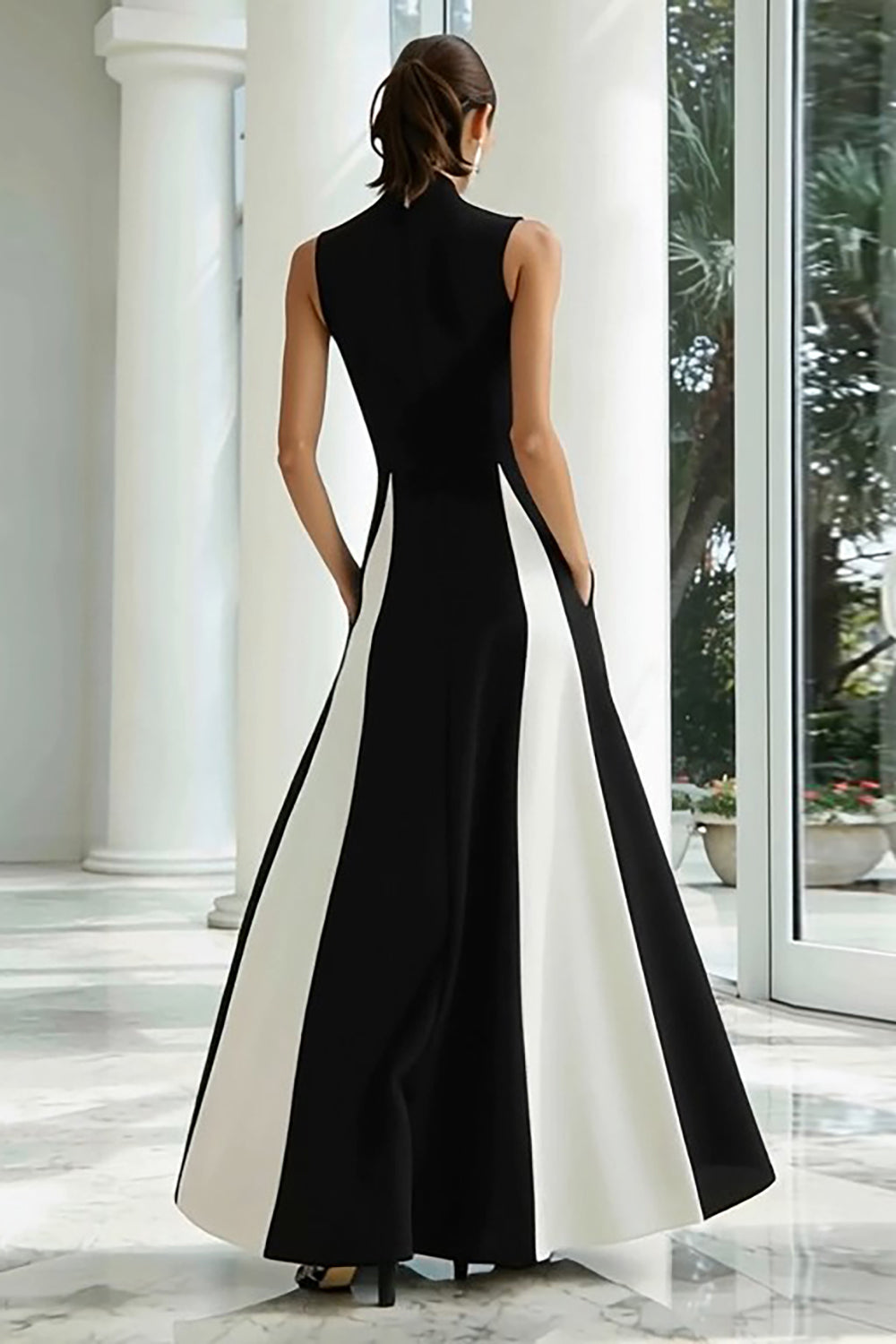 Black and White A-Line High Neck Long Satin Formal Dress