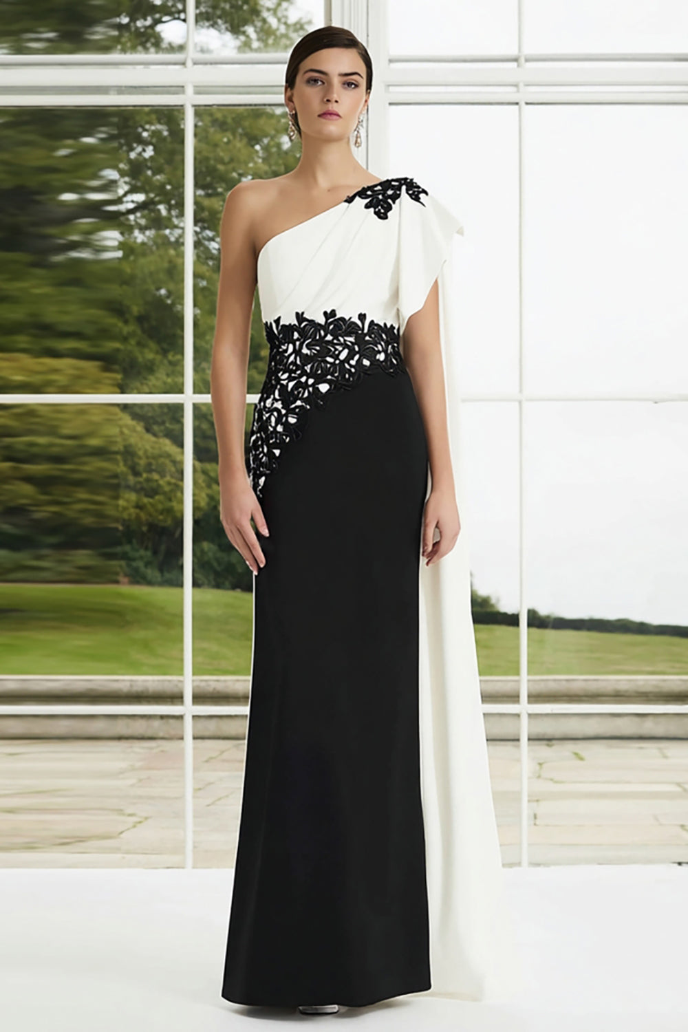 Black and White SheathOne Shoulder  Long Formal Dress with Side Cape