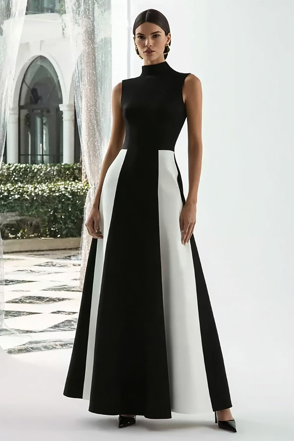 Black and White A-Line High Neck Patchwork Long Formal Dress
