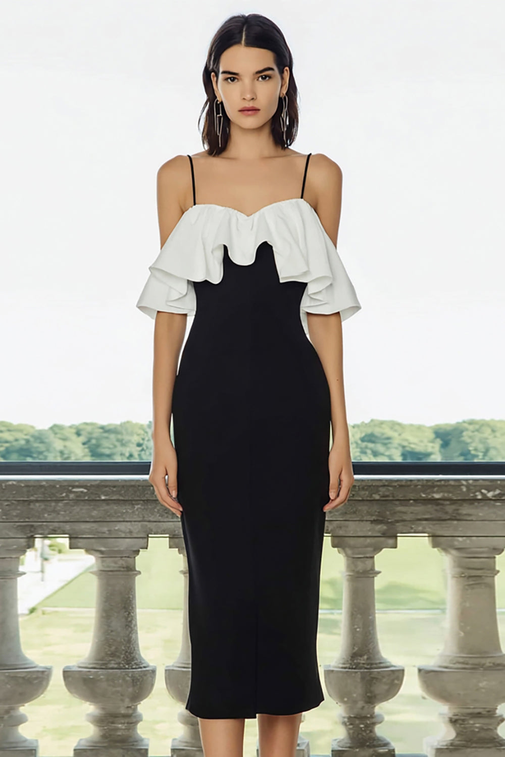 Black and White Cold Shoulder Sheath Midi Formal Dress with Ruffles