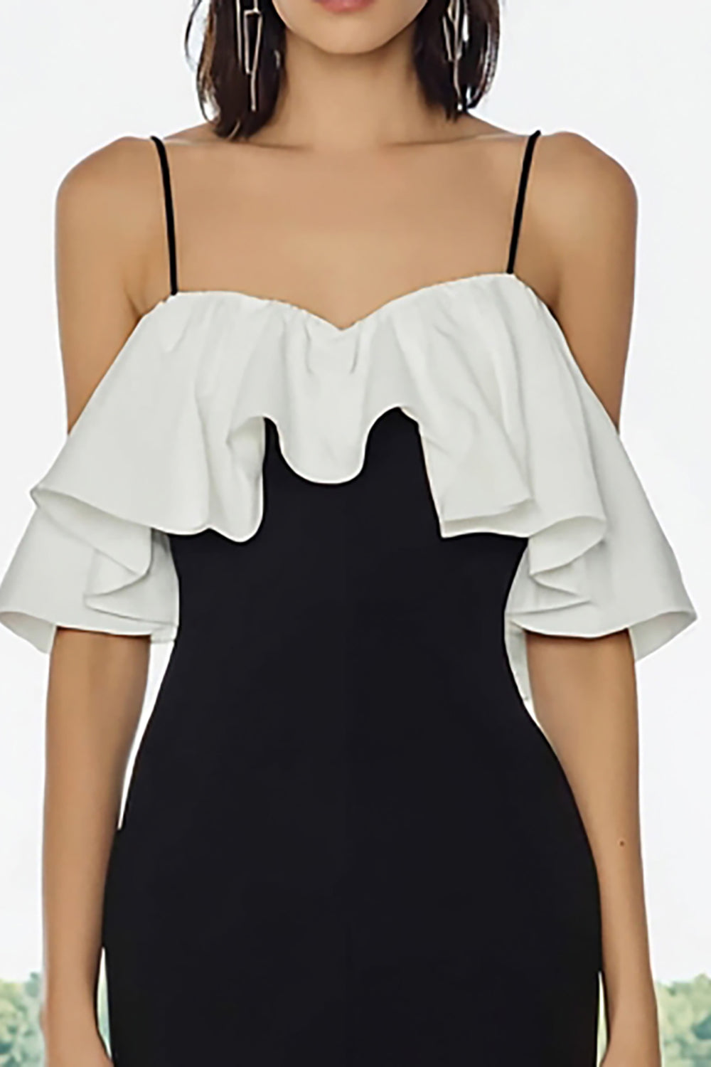 Black and White Cold Shoulder Sheath Midi Formal Dress with Ruffles