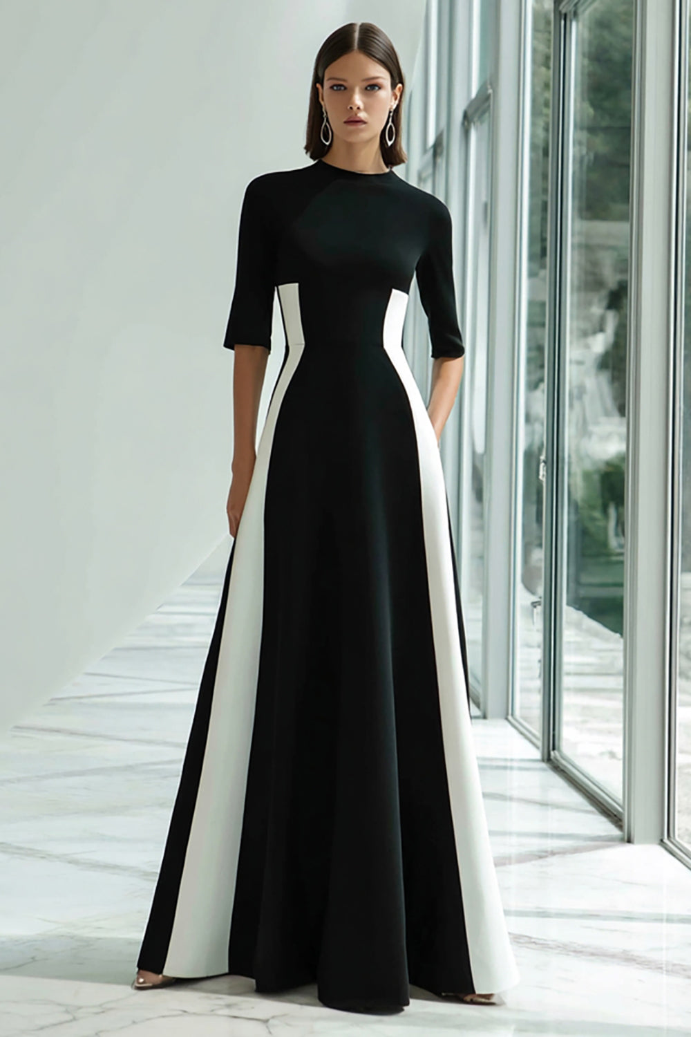 Black and White A-Line Satin Long Patchwork Formal Dress with Sleeves