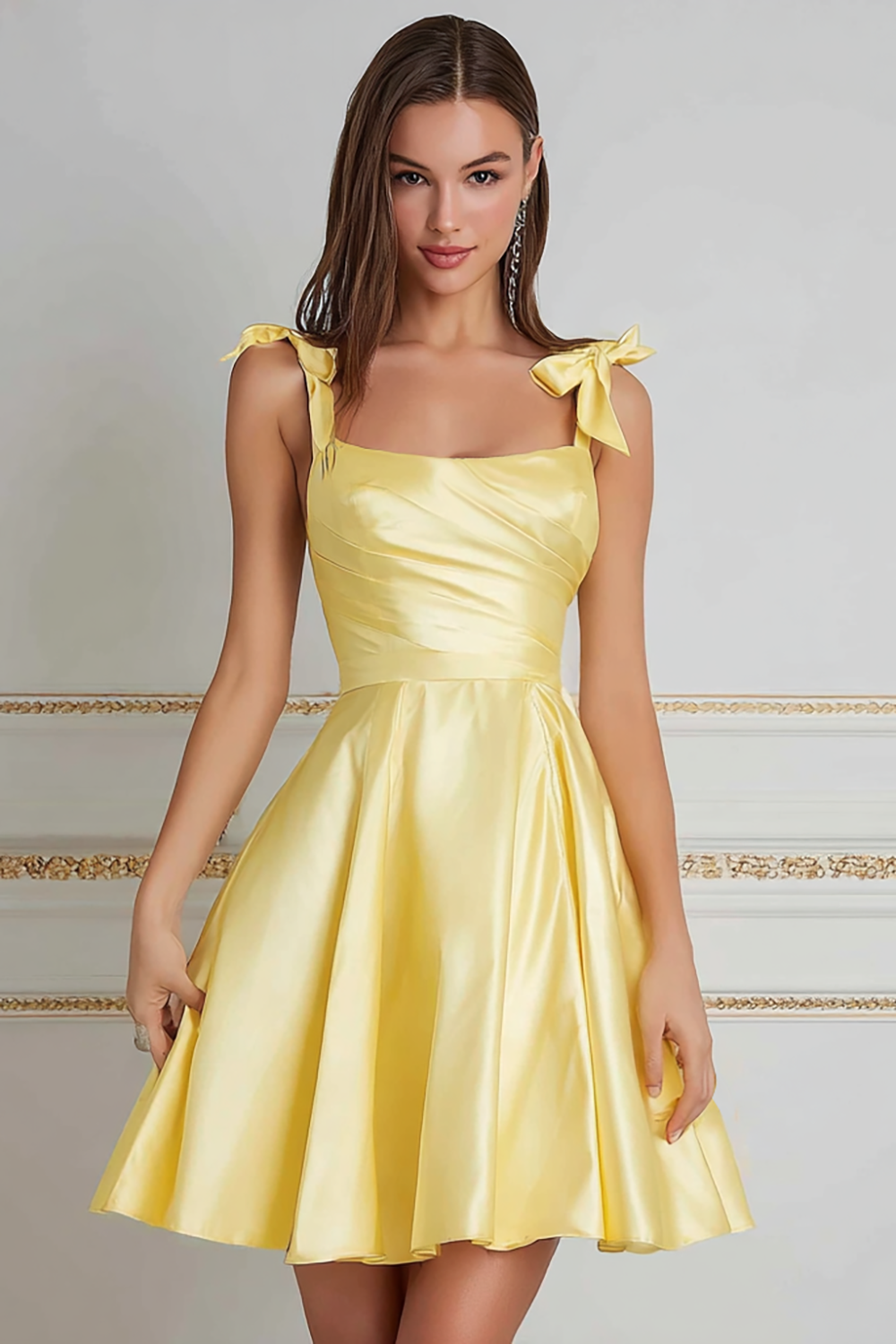 Cute Yellow Satin A-Line Short Homecoming Dress with Bows