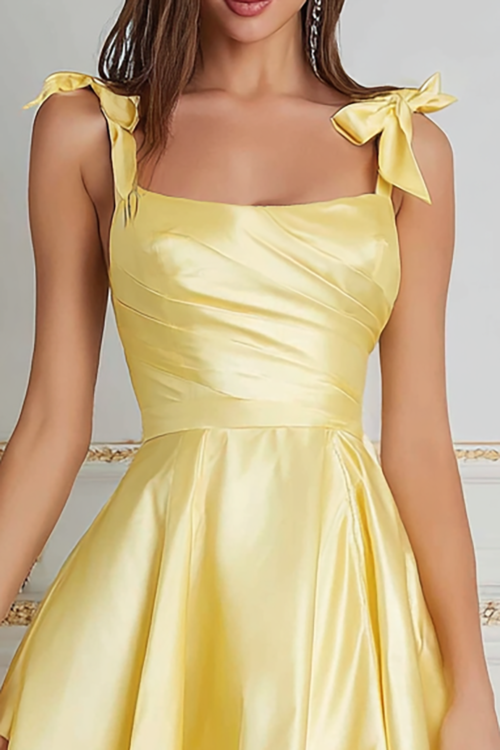 Cute Yellow Satin A-Line Short Homecoming Dress with Bows