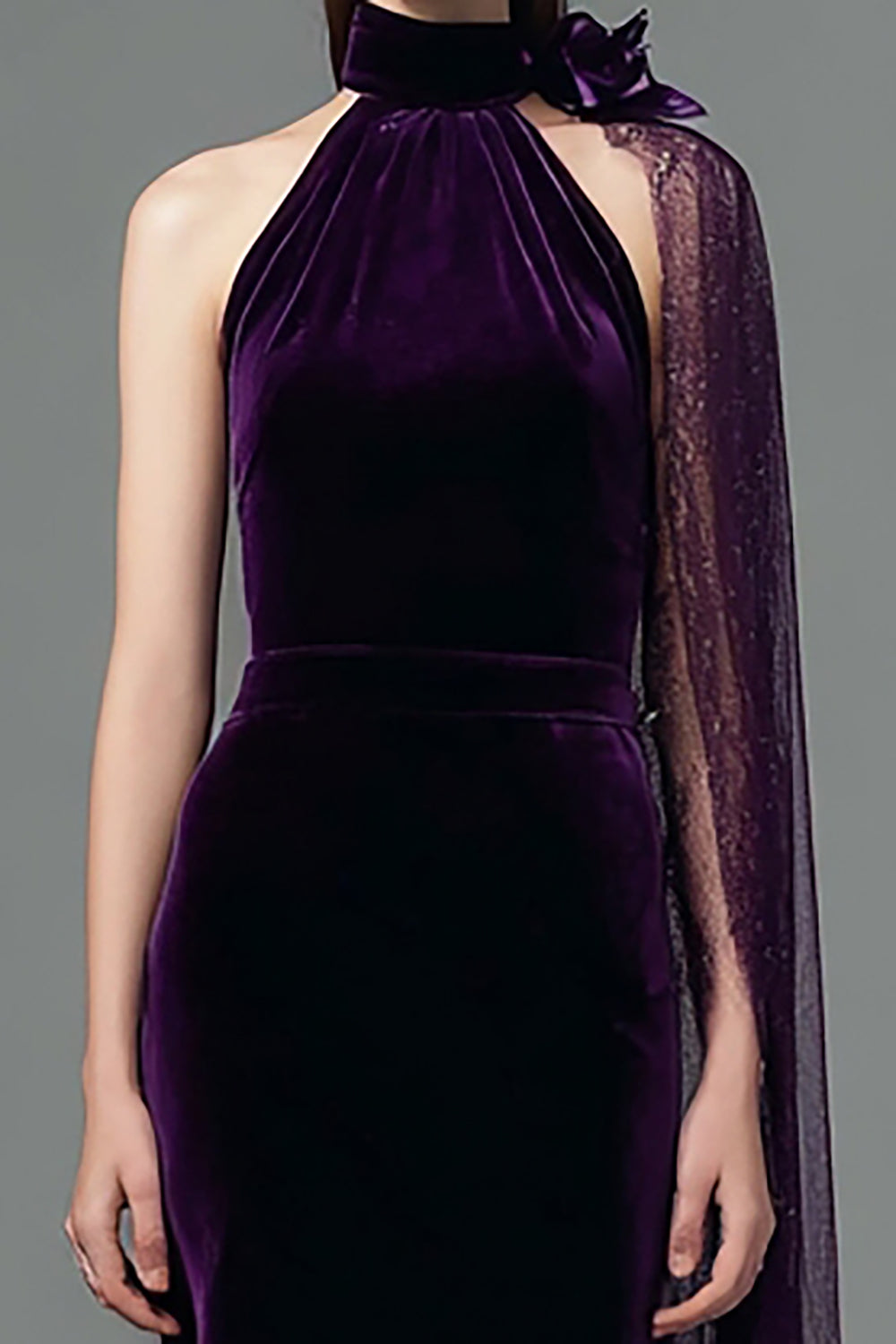Elegant Plum Mermaid Velvet High Neck Maxi Holiday Party Dress with Side Cape