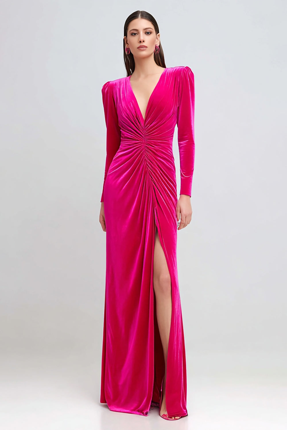 Fuchsia Velvet Sheath Long Sleeves Holiday Party Dress with Slit