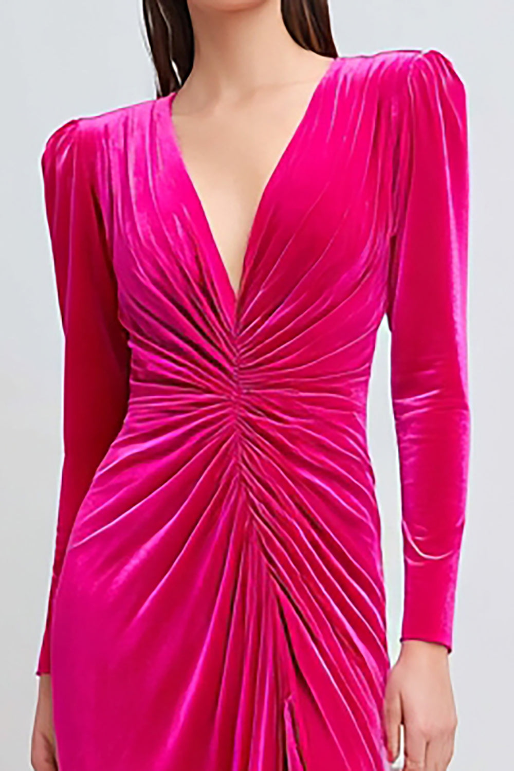Fuchsia Velvet Sheath Long Sleeves Holiday Party Dress with Slit